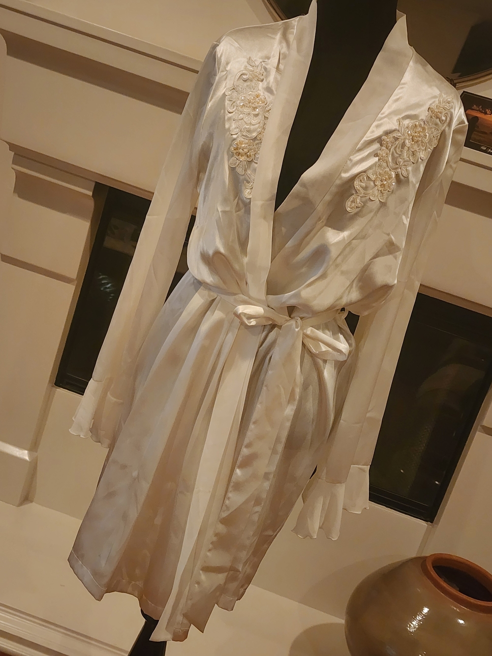 Expressions Ivory Satin Embroidered Tie-Waist Robe
